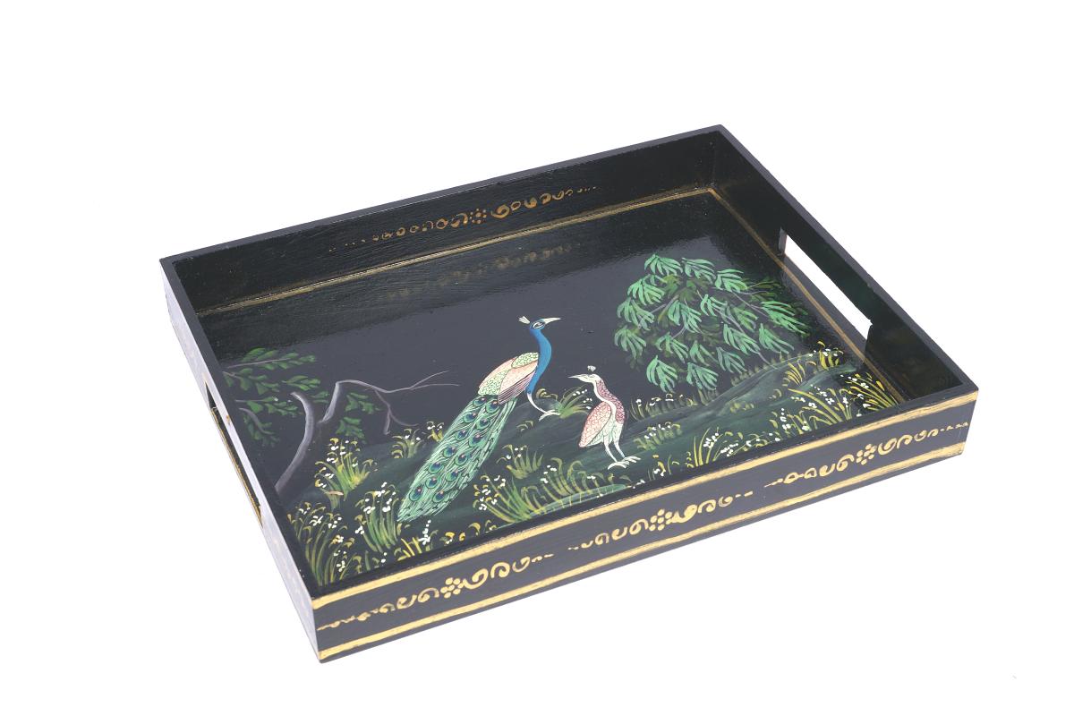 Ethnic Hand painted Peacock Wood Tray 