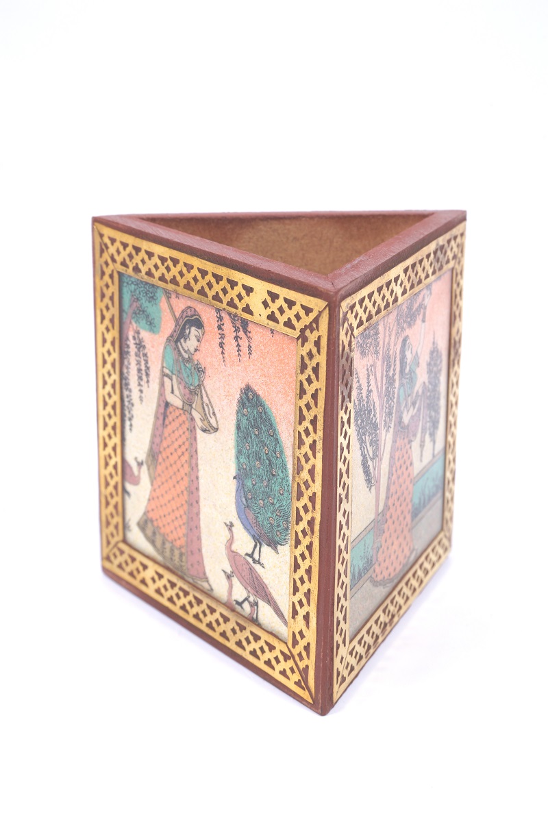 Rajasthani Gemstone Wood Triangle Pen Stand