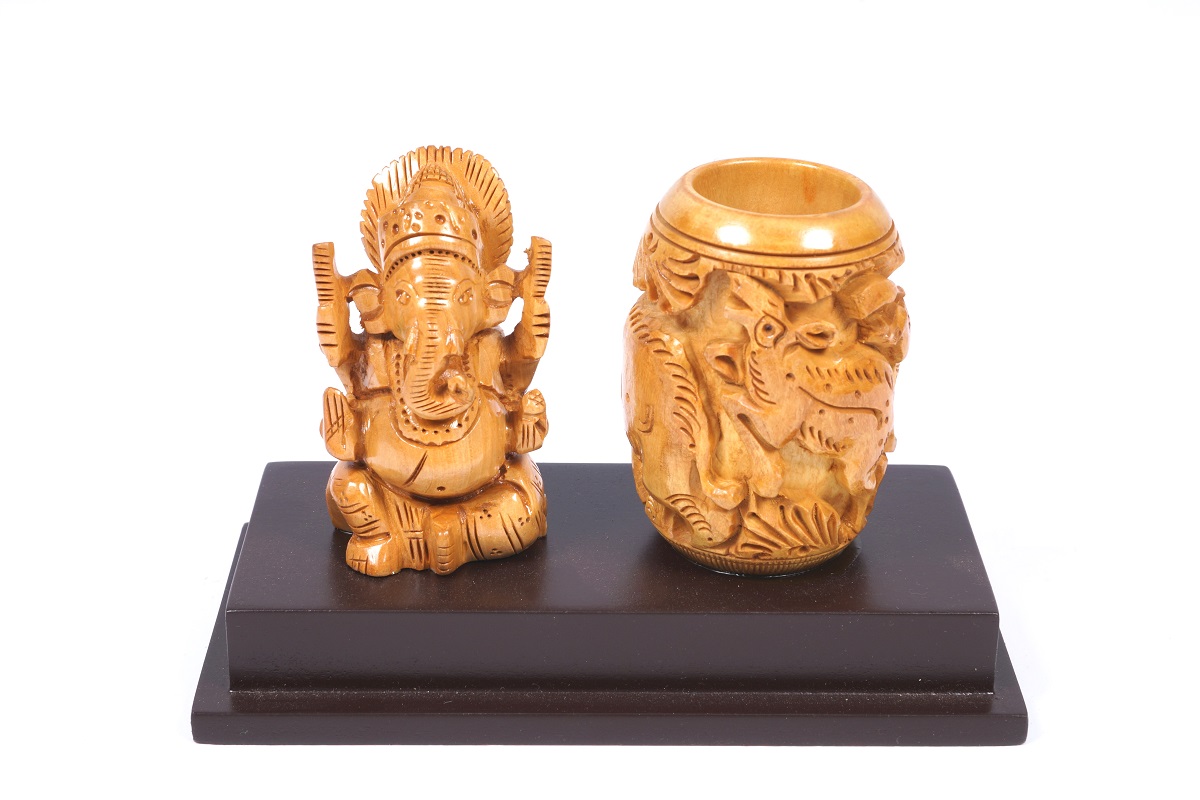 Rajasthani Wood carved penstand With Ganesha Statue