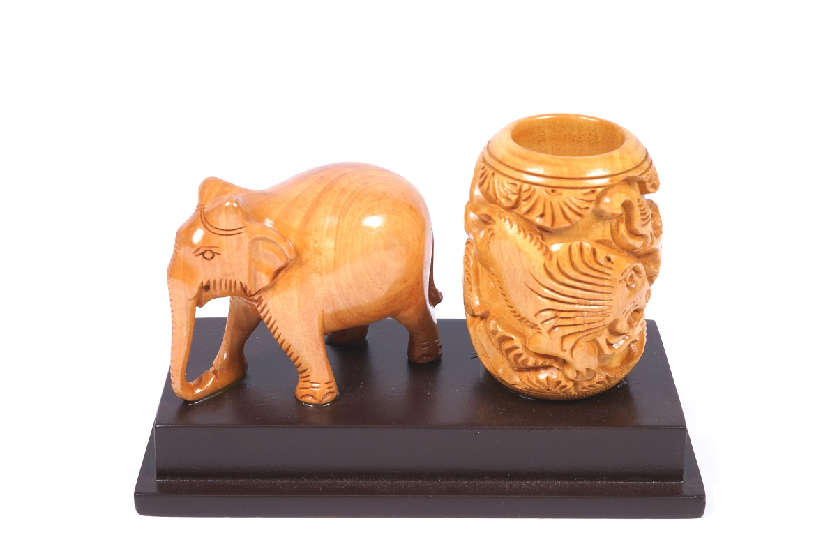 Rajasthani Wood carved penstand With Elephant Statue