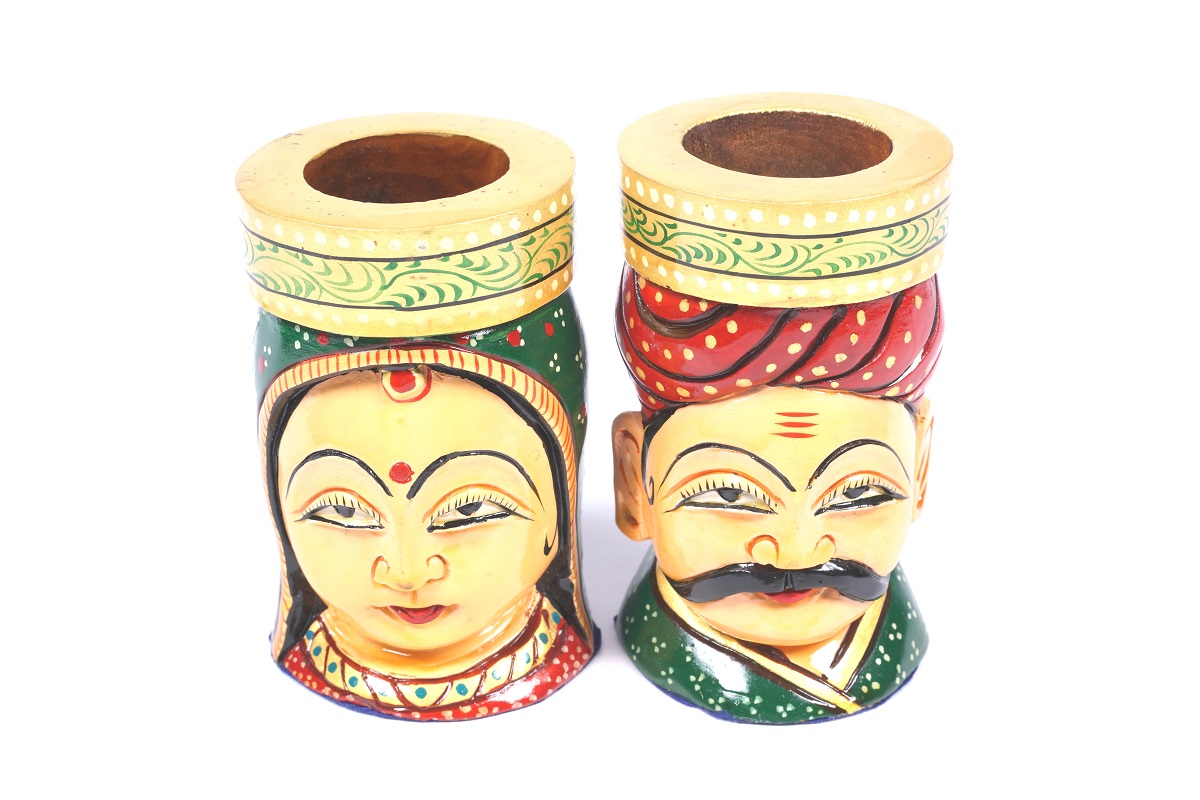 Rajasthani Woman / Man   Wood Pen Stand  ( Single)