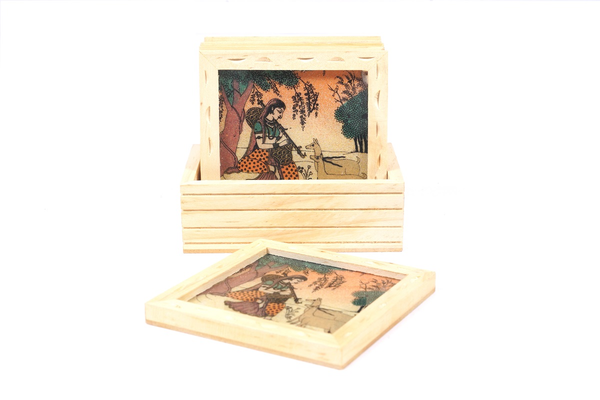 Wood Gemstone Coaster Set Lady With Deer