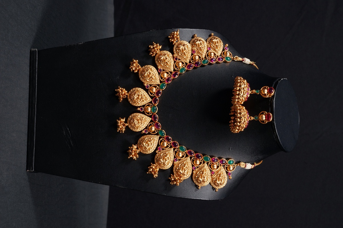 Antique Lakshmi South Indian Necklace With Matte Gold Plating