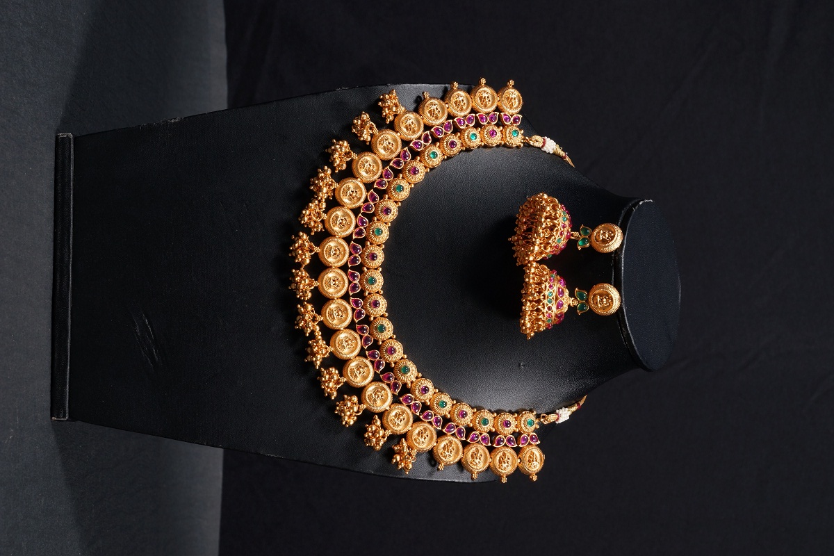 Antique South Indian Coin Necklace With Matte Gold Plating