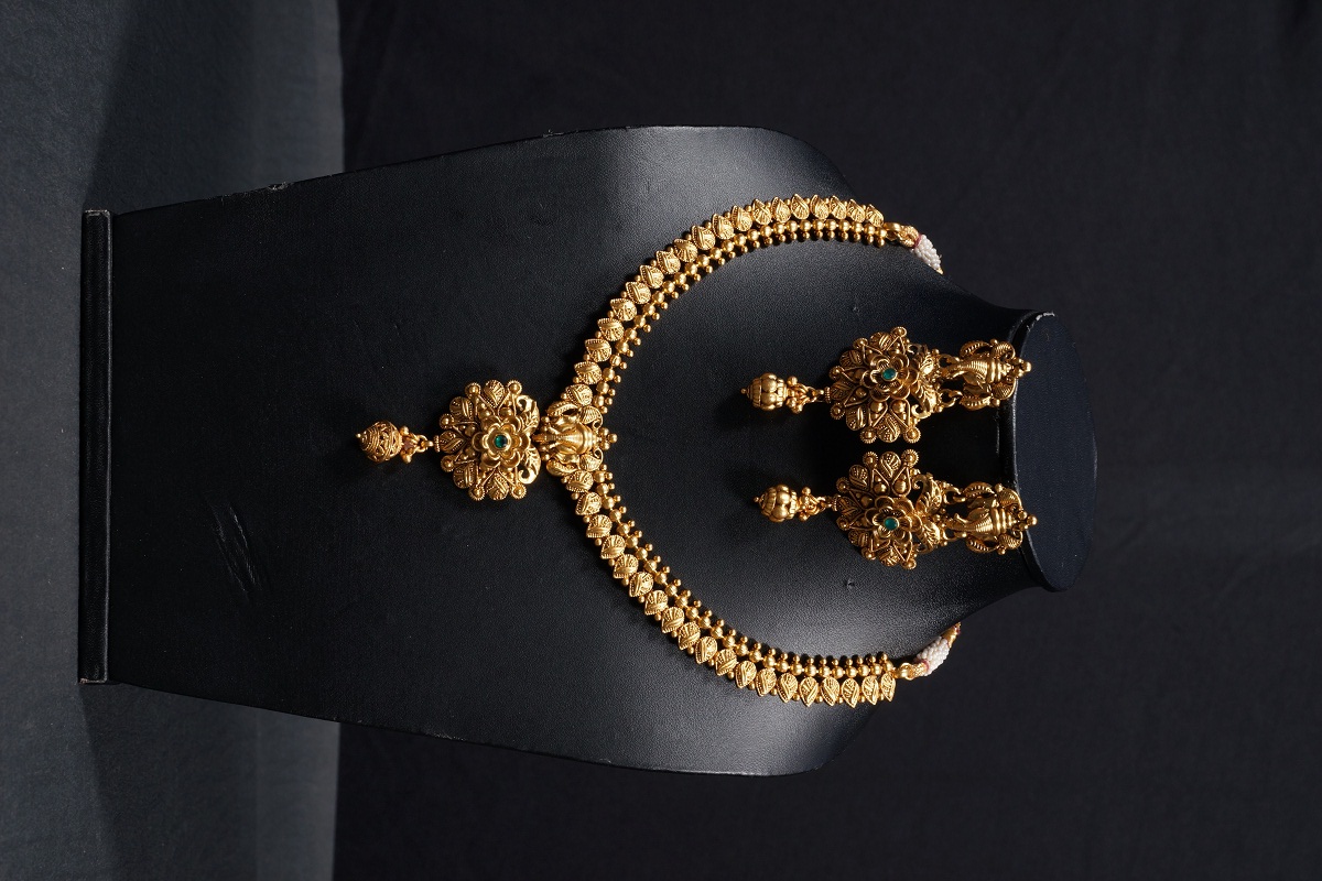 Antique South Indian Ganesha Necklace With Matte Gold Plating