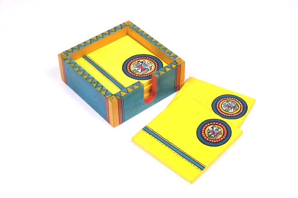 Warli Painted Wood Coaster Set