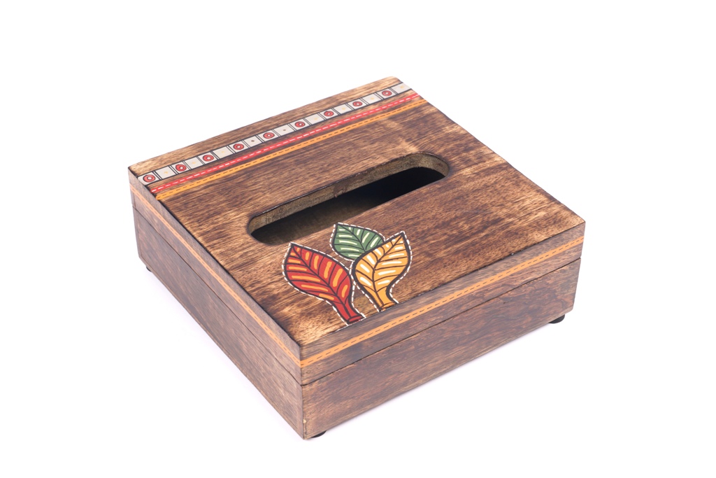 Handcrafted Trendy Wood Tissue Box With Madhubani Art 