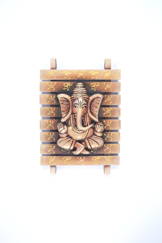 Terracotta Wood Frame - Golden-Brown Ganesha 9.5"