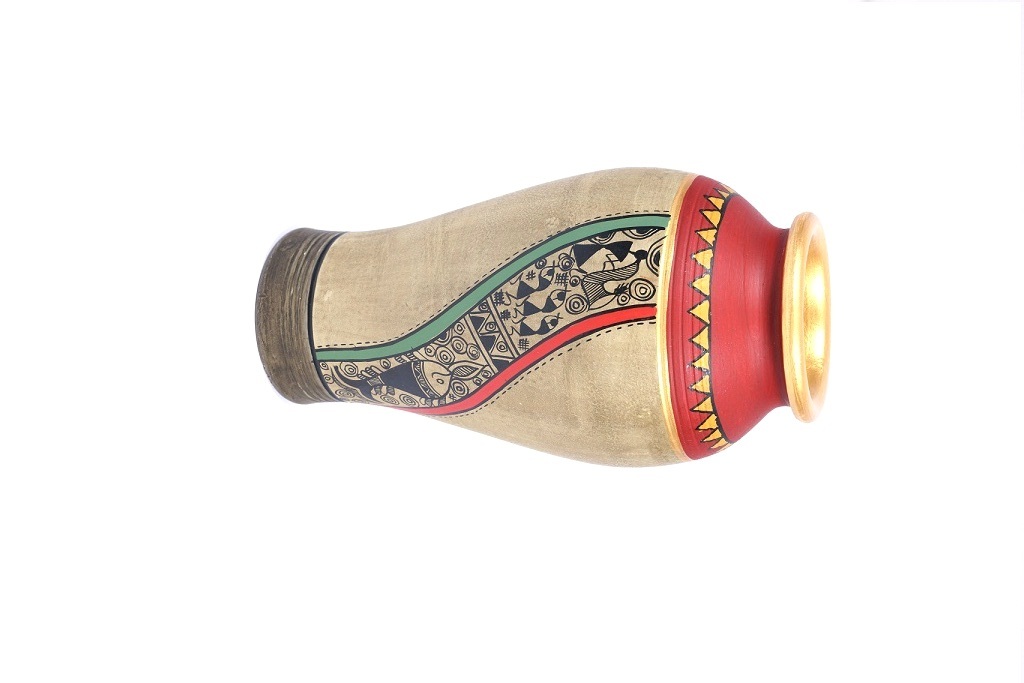 Hand Painted Warli Earthen Vase in Brown