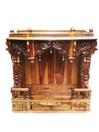 Hand Carved Wooden Open Style Mandir for Home w/ Bell & Side Jaali - 24"