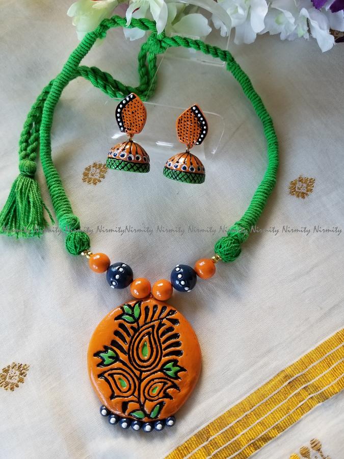 Simple Terracotta jewelry- Orange and green terracotta dori necklace set Simple Terracotta jewelry- Orange and green terracotta dori necklace set