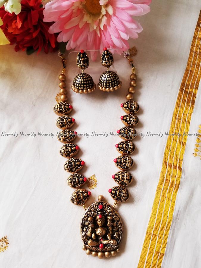 Gold tone Mahalakshmi pendant- terracotta jewelry-Temple jewelry necklace Gold tone Mahalakshmi pendant- terracotta jewelry-Temple jewelry necklace