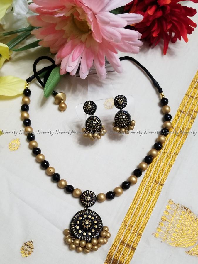 Black-gold-red terracotta jewelry-jewelry set-dual-side reversible necklace
