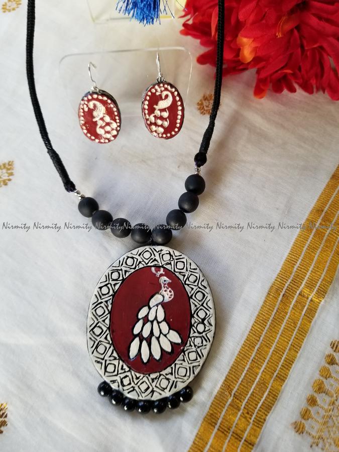 Two Sided peacock pendant - terracotta necklace set