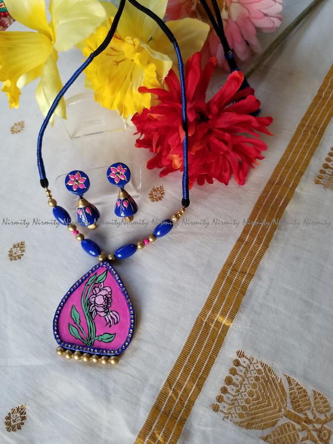 Simple Terracotta jewelry- Pink and blue terracotta necklace set Simple Terracotta jewelry- Pink and blue terracotta necklace set