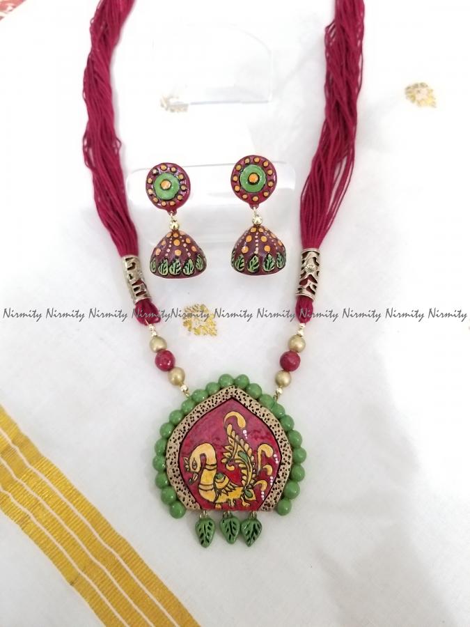 Terracotta jewelry- Swan pendant -Red and green terracotta necklace set