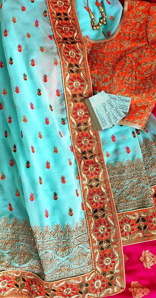 Turquoise Green Chiffon Saree w/ Contrasting Orange Border