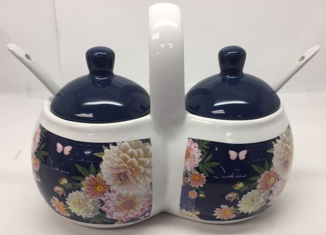Ceramic Twin Condiment Set w/ Handle & Floral Print