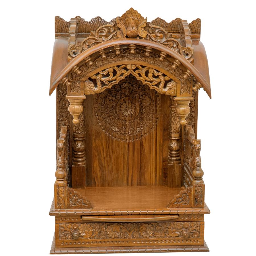 Wooden Engraved Pooja Mandir. Antique Oak Torna Temple - 18 Inches Wooden Engraved Pooja Mandir. Antique Oak Torna Temple - 18 Inches