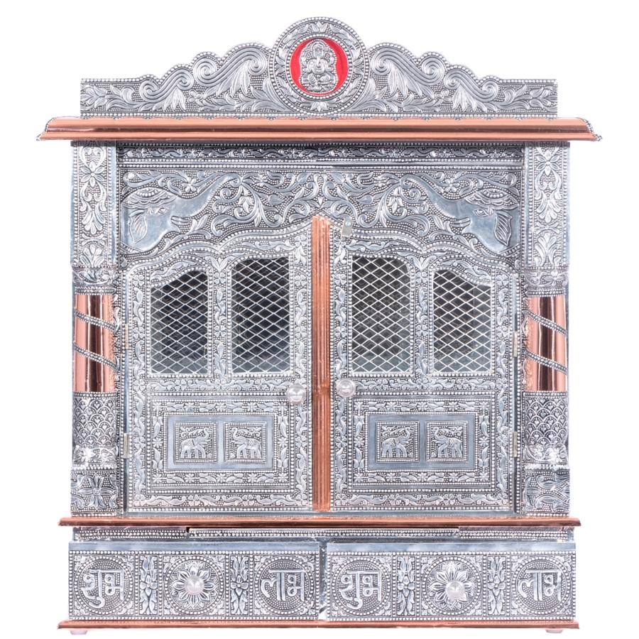 Home Pooja Mandir w/ Intricate Copper Oxidized Plated Carving 22" Home Pooja Mandir w/ Intricate Copper Oxidized Plated Carving 22"