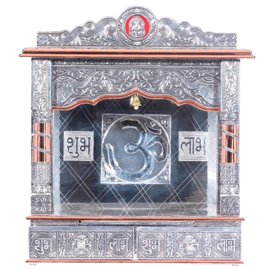 22" Home Pooja Mandir Temple w/ Copper Trim & Oxidized Plated Carving 22" Home Pooja Mandir Temple w/ Copper Trim & Oxidized Plated Carving