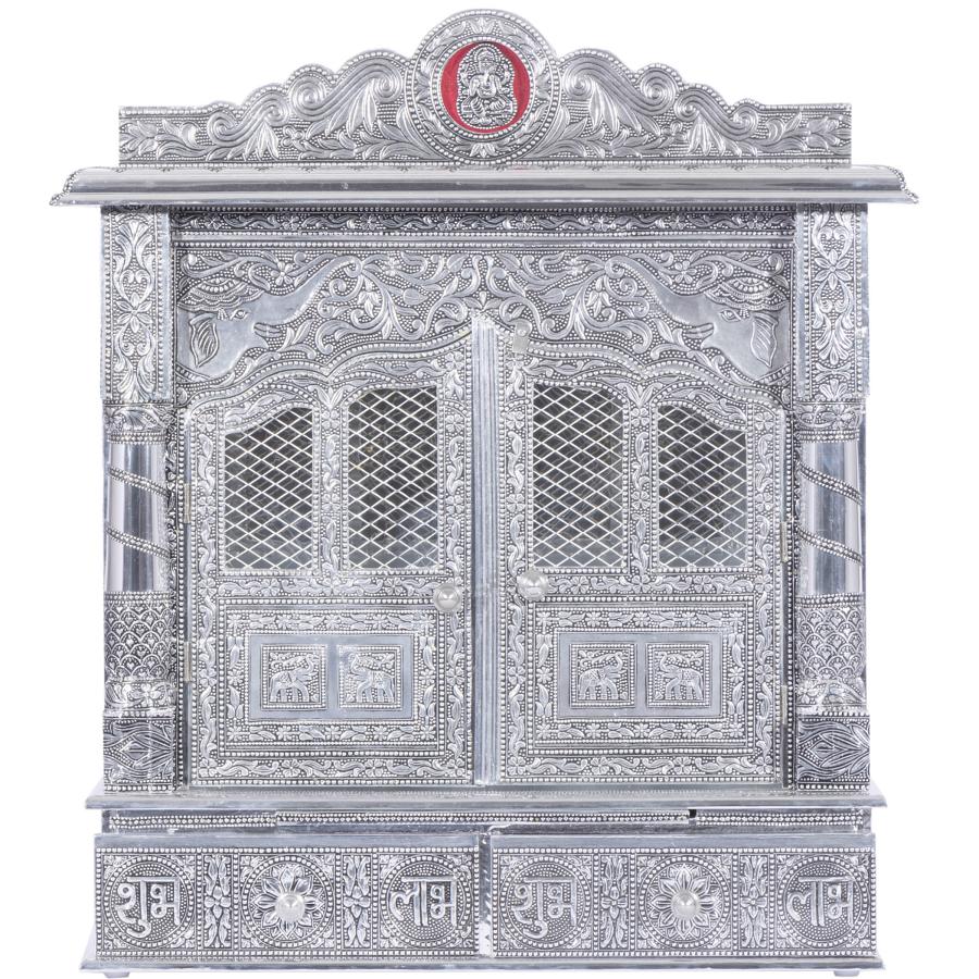 Home Pooja Wooden Mandir with White Oxidized Plated Puja Temple