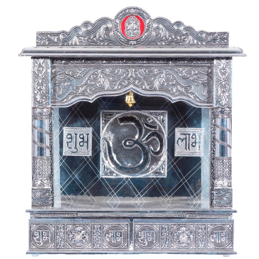 Home Pooja Wooden Mandir with White Oxidized Plated Puja Temple 22" Home Pooja Wooden Mandir with White Oxidized Plated Puja Temple 22"