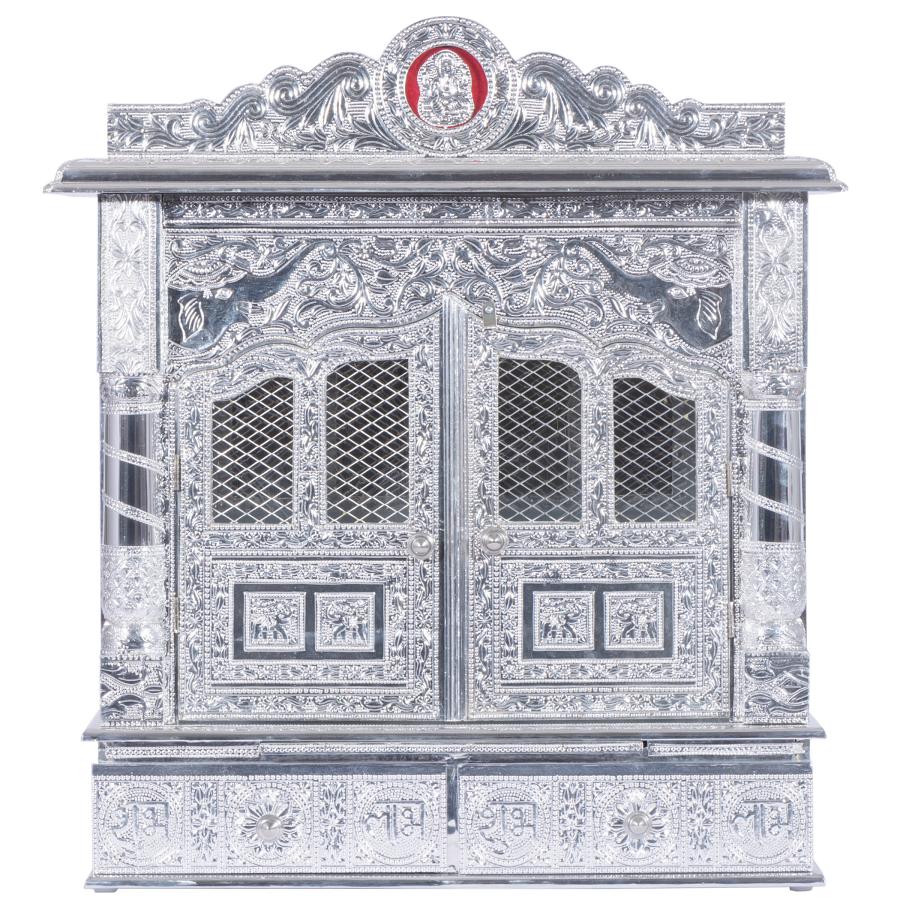 Pure Silver- Puja Mandir - Wooden Hindu Altar 22" Oxidized Mandir w/ Doors Pure Silver- Puja Mandir - Wooden Hindu Altar 22" Oxidized Mandir w/ Doors