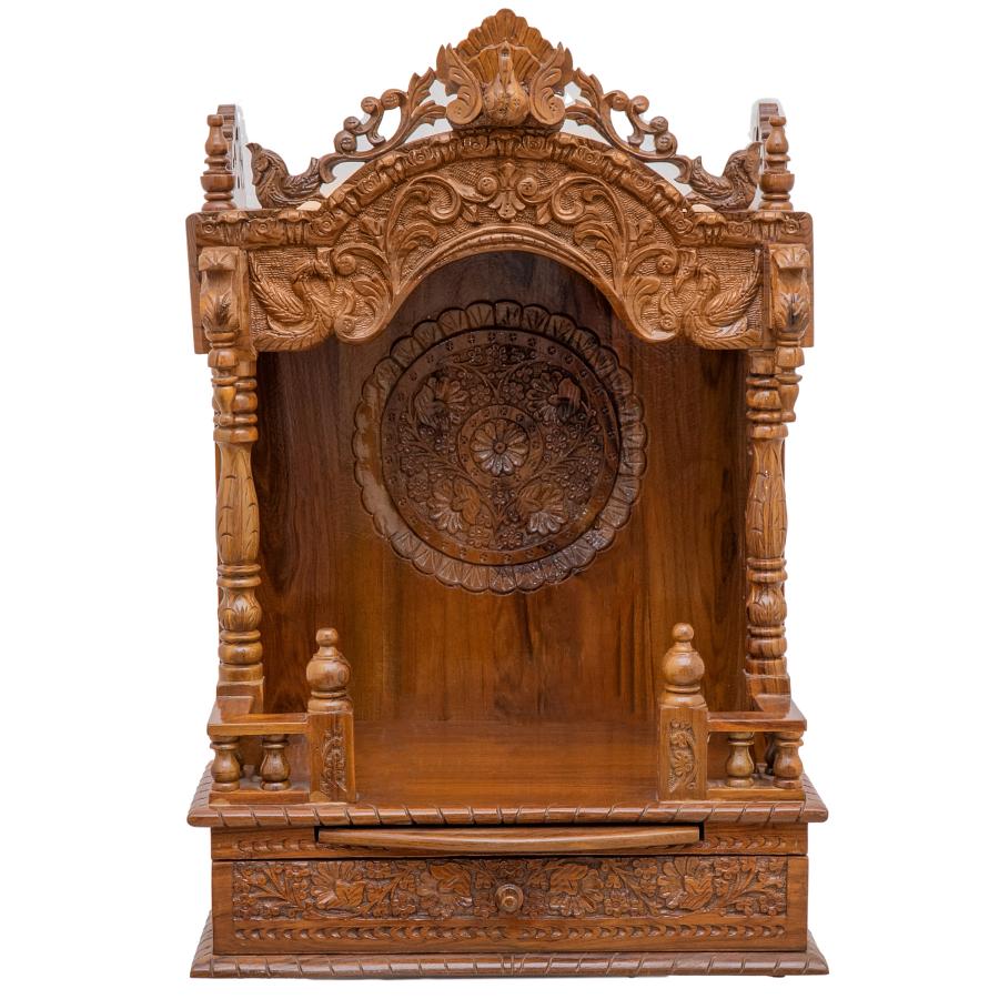 Wooden Engraved Pooja Mandir - Antique Oak Mandap Temple - 21 Inches Wooden Engraved Pooja Mandir - Antique Oak Mandap Temple - 21 Inches