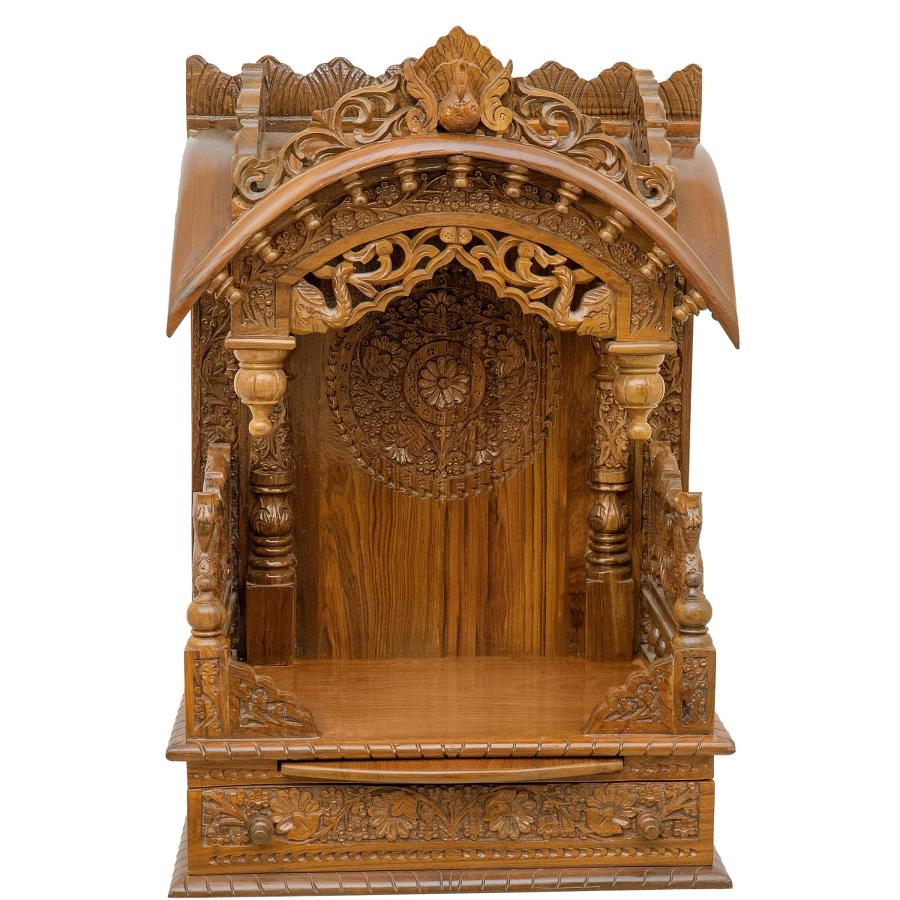 Wooden Engraved Pooja Mandir - Antique Oak Torna Temple - 30 Inches Wooden Engraved Pooja Mandir - Antique Oak Torna Temple - 30 Inches