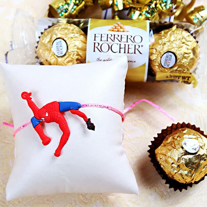 Kids Superhero Rakhi w/ 3 Pcs Ferrero Rocher In Gift Box