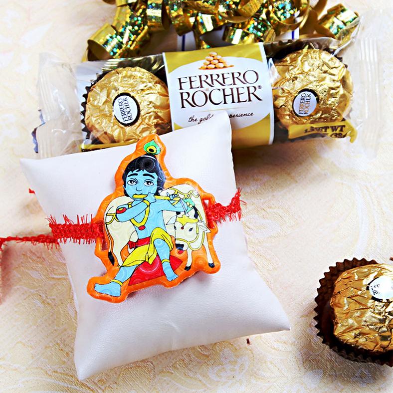 Divine Krishna Kids Rakhi w/ 3 Pcs Ferrero Rocher In Gift Box