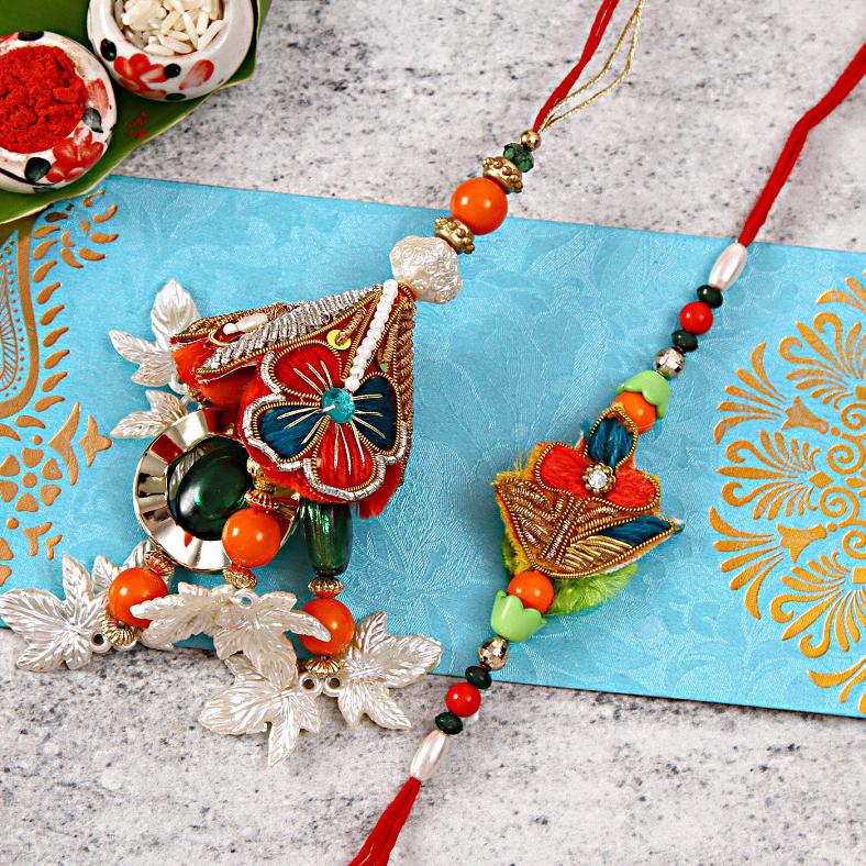 Colorful Zardozi Work Bhaiya Bhabhi - Lumba Bracelet Rakhi Set