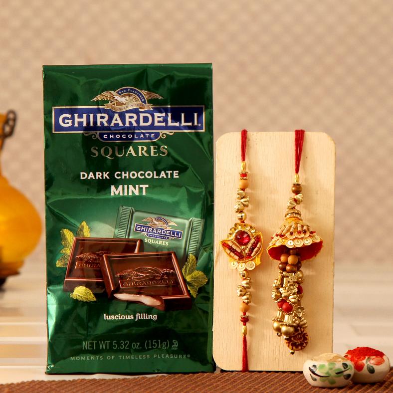 Stylish Bhaiya-Bhabhi Rakhi Bracelet & Lumba w/ Dark Mint Chocolates
