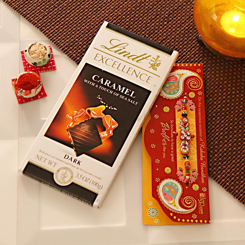 Designer Rakhi w/ Lindt Caramel Chocolate Bar & Roli Chawal Kit