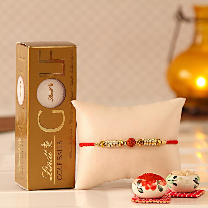 Auspicious Rudraksh & Stones Rakhi w/ Lindt Golf Balls Chocolate Box