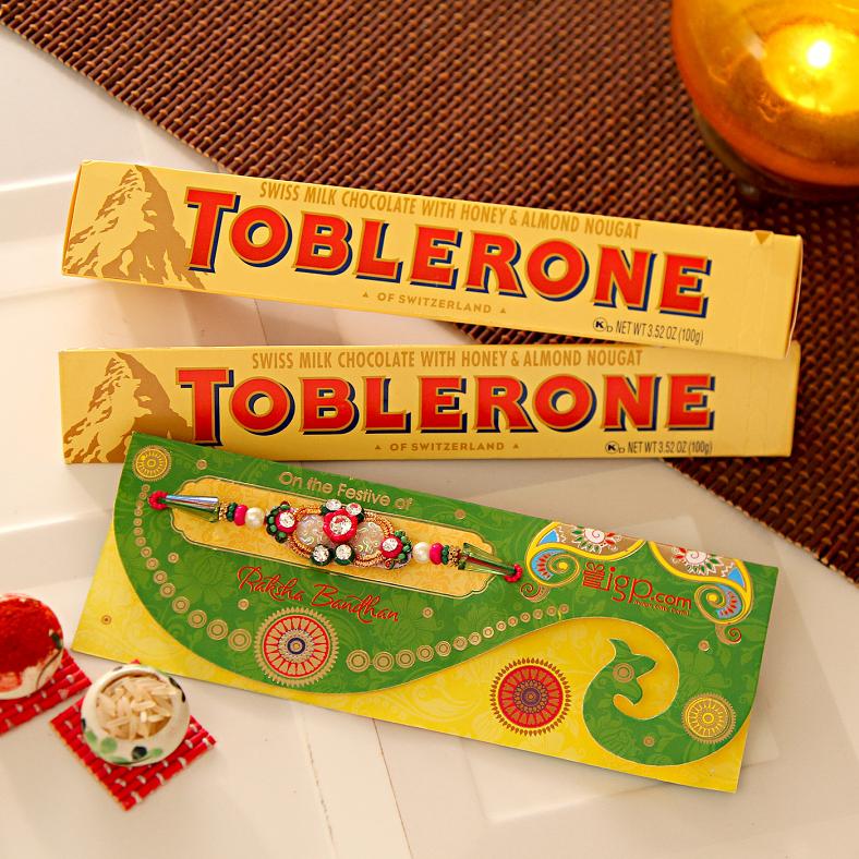 Stone Work Rakhi w/ Pack of Two Toblerone Chocolates
