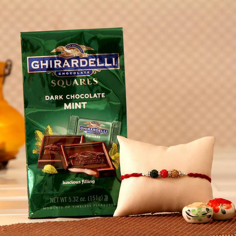 Beads Rakhi w/ Pack of Dark Mint Chocolate & Roli-Chawal Kit