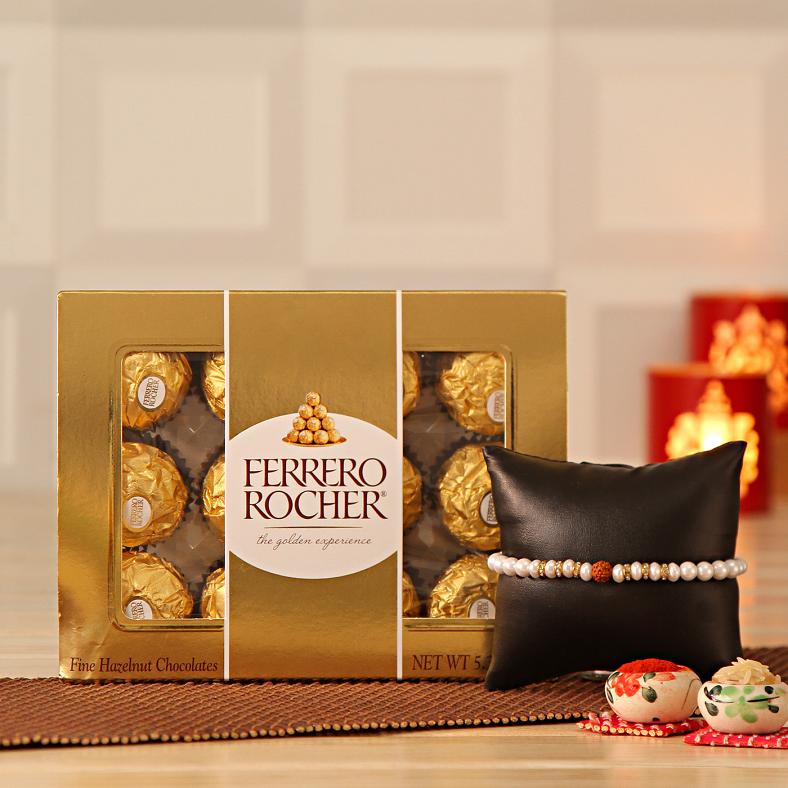 Pearls & Rudraksh Rakhi w/ A Box of Ferrero Rocher Chocolates