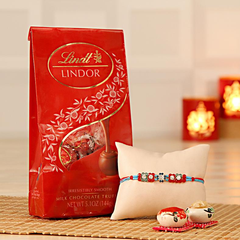 Stone Work Rakhi Roli Chawal Kit w/ Lindt Chocolate Pack