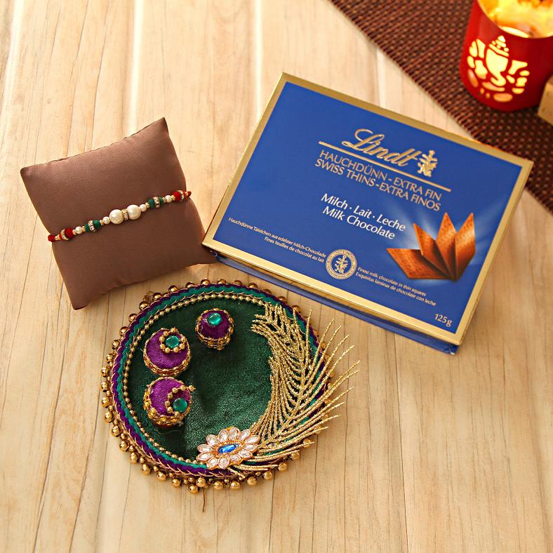 Rakhi w/ A Box of Lindt Chocolates & Puja Thali For Roli-Chawal
