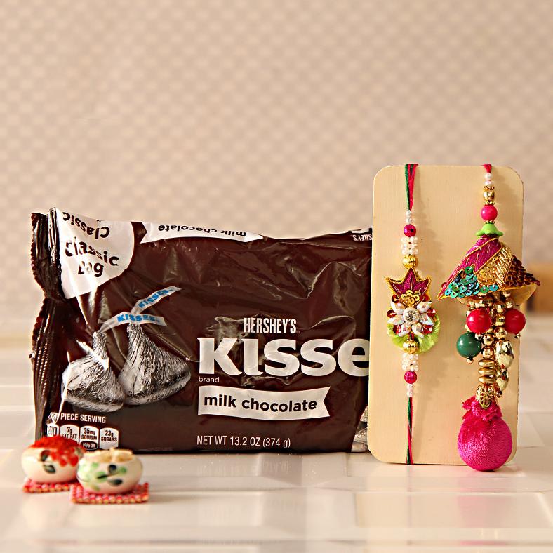 Beads & Sequins Bhaiya-Bhabhi Rakhi w/ Pack of Kisses Chocolates