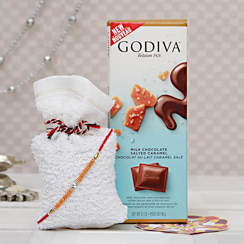 Beads & Stones Rakhi w/ Godiva Milk-Caramel Chocolate Bar