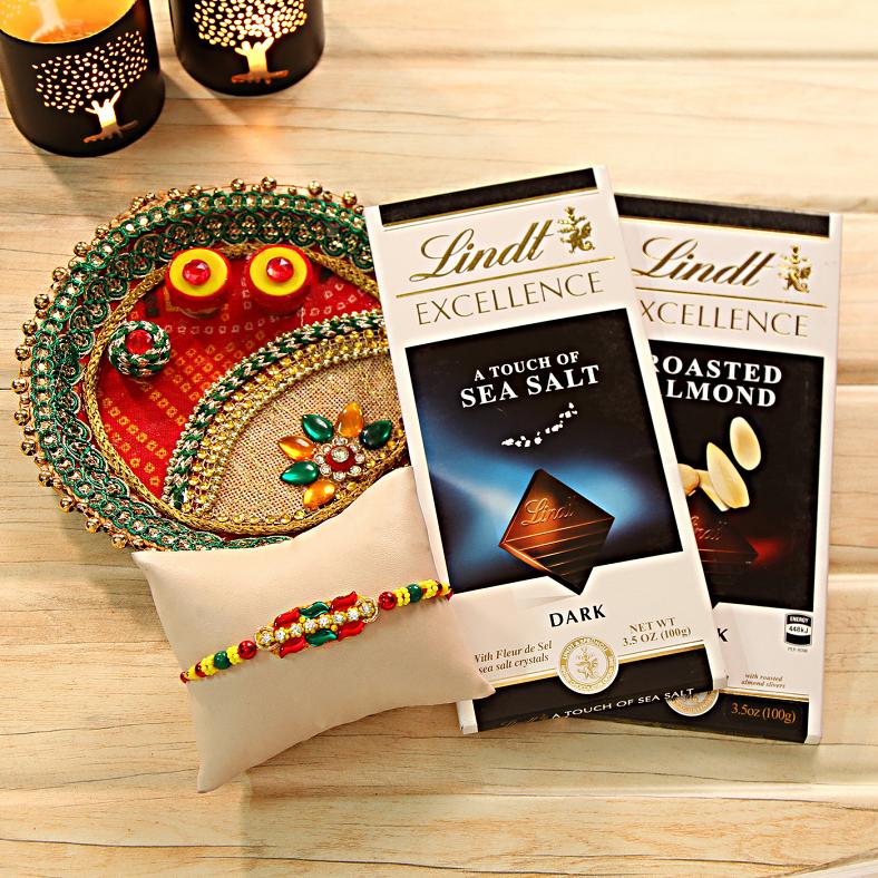 CZ & Stone Rakhi w/ Two Bars of Lindt Chocolate & Puja Thali
