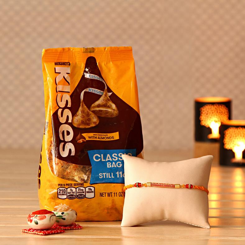 Traditional Beads Rakhi w/ A Pack of Kisses Chocolates