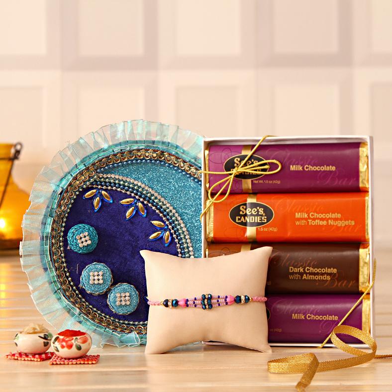 Rakhi w/ Four Bars of Chocolates & Thali For Roli-Chawal