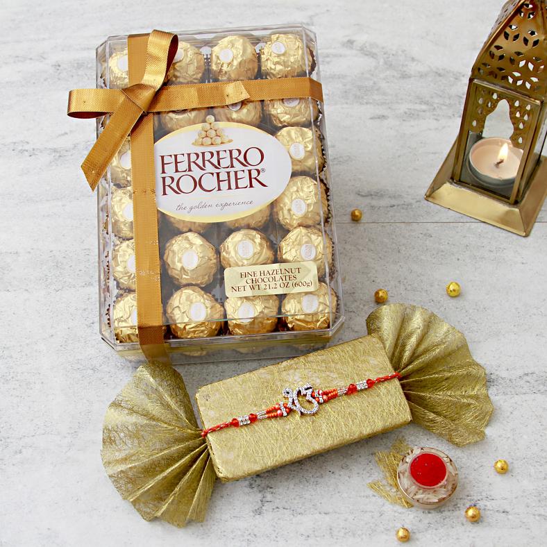 CZ & Beads Om Rakhi w/ A Box of Ferrero Rocher