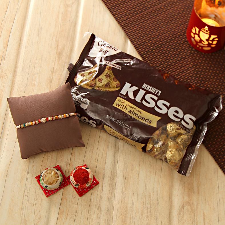 Beads Rakhi w/ A Pack of Kisses Chocolates & Roli-Chawal Kit