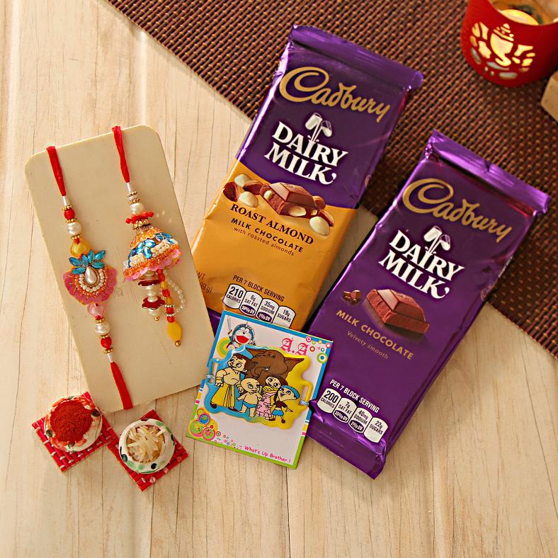 Adorable Bhaiya Bhabhi & Kids Rakhi w/ Assorted Cadbury Chocolates