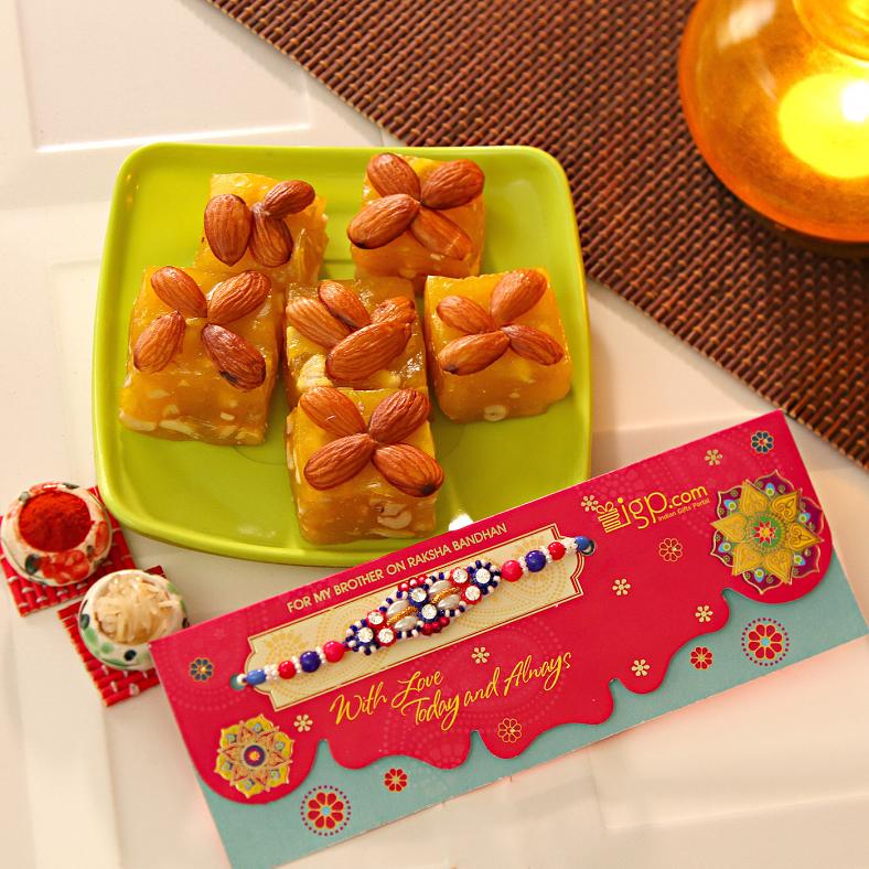 Delightful Stone & Bead Work Rakhi w/ Karachi Halwa
